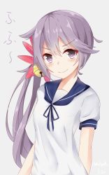 Rule 34 | 10s, 1girl, akebono (kancolle), bell, blush, dated, eyebrows, flower, hair bell, hair flower, hair ornament, highres, jingle bell, kantai collection, long hair, looking at viewer, nahaki, purple background, purple eyes, purple hair, school uniform, side ponytail, simple background, sin-poi, smile, solo