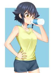 Rule 34 | 10s, 1girl, black hair, blue background, blue shorts, bottle, braid, brown eyes, casual, commentary request, cowboy shot, denim, denim shorts, drinking, girls und panzer, hair tie, hand on own hip, highres, holding, holding bottle, looking to the side, outside border, pepperoni (girls und panzer), ruka (piyopiyopu), shirt, short hair, short shorts, shorts, side braid, sleeveless, sleeveless shirt, solo, sweat, water bottle, yellow shirt