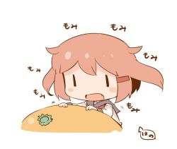 Rule 34 | 10s, 1girl, blush stickers, brown hair, chibi, commentary request, fang, food, fruit, hair ornament, hairclip, hanomido, ikazuchi (kancolle), kantai collection, long sleeves, mandarin orange, mini person, minigirl, motion lines, open mouth, school uniform, serafuku, short hair, simple background, solo, translation request, white background, | |