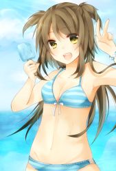 Rule 34 | 1girl, bikini, blush, breasts, brown hair, cloud, collarbone, day, food, light rays, long hair, medium breasts, navel, ocean, open mouth, original, popsicle, short twintails, sky, smile, solo, striped bikini, striped clothes, sunbeam, sunlight, swimsuit, tsukishiro nanase, twintails, two side up, v, water, yellow eyes