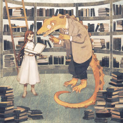 Rule 34 | 1girl, absurdres, barefoot, blank page, book, book stack, bookshelf, brown eyes, brown hair, closed mouth, collared dress, dress, highres, holding, holding book, indoors, ladder, lizard, long dress, long hair, looking down, monochrome, monster, open book, original, saltsimulacrum, sharp teeth, standing, teeth, white dress