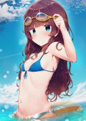 Rule 34 | 1girl, :&lt;, absurdres, arm up, armpits, bikini, blue bikini, blue eyes, blunt bangs, breasts, brown hair, cloud, eyebrows, goggles, goggles on head, highres, innertube, liely, long hair, looking at viewer, navel, ocean, original, outdoors, partially submerged, sky, small breasts, solo, swim ring, swimsuit, upper body, wading, water, wet