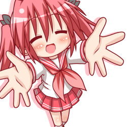 Rule 34 | 00s, \o/, arms up, blush, chibi, closed eyes, happy, kobayakawa yutaka, lucky star, minami (colorful palette), open mouth, outstretched arms, pink hair, red hair, ribbon, school uniform, serafuku, short twintails, smile, solo, twintails