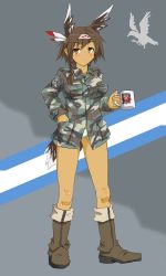 Rule 34 | 1girl, bad id, bad pixiv id, boots, brown eyes, brown hair, camouflage, coffee mug, cup, dakku (ogitsune), dark-skinned female, dark skin, head wings, headdress, mug, native american, native american headdress, original, panties, solo, strike witches, strike witches 1991, tail, underwear, uniform, wings, world witches series