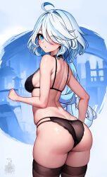 Rule 34 | 1girl, absurdres, ahoge, artist logo, ass, black bra, black panties, blue eyes, blush, bra, breasts, commentary, cowboy shot, english commentary, eyes visible through hair, furina (genshin impact), genshin impact, hair over one eye, highres, long hair, looking at viewer, looking back, medium breasts, mismatched pupils, panties, parted lips, skindentation, solo, strap gap, thighhighs, underwear, unstableboiler, very long hair, wavy hair, white hair