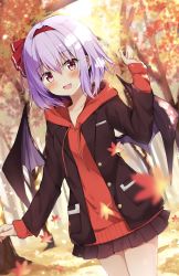 Rule 34 | 1girl, :d, alternate costume, autumn, autumn leaves, bat wings, black jacket, black skirt, blazer, blush, casual, commentary request, contemporary, cowboy shot, dutch angle, hair between eyes, hair ribbon, hairband, hand up, highres, hood, hoodie, hyurasan, jacket, light purple hair, long sleeves, looking at viewer, miniskirt, open mouth, outdoors, pleated skirt, pocket, red eyes, red hairband, red hoodie, red ribbon, remilia scarlet, ribbon, short hair, sidelocks, skirt, smile, solo, standing, thighs, touhou, wings