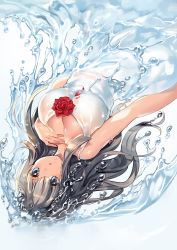 Rule 34 | 1girl, :o, bare arms, bare shoulders, black hair, blue eyes, blush, breasts, cleavage, commentary request, crying, crying with eyes open, dress, flower, hand on own chest, highres, large breasts, liquid clothes, long hair, looking at viewer, open mouth, original, petals, red flower, red rose, rose, rose petals, ruri rarako, sleeveless, sleeveless dress, solo, tears, upside-down, water, white dress