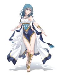Rule 34 | 1girl, armlet, bare arms, bare shoulders, blue eyes, blue hair, blue nails, bracelet, breasts, byleth (female) (fire emblem), byleth (fire emblem), commentary, dancer, dancer (fire emblem: three houses), dress, fire emblem, fire emblem: three houses, gladiator sandals, head tilt, highres, jewelry, long hair, looking at viewer, medium breasts, moja (rainpoow), nail polish, nintendo, sandals, shadow, simple background, single-shoulder dress, smile, solo, thighs, toenail polish, toenails, white background, white dress