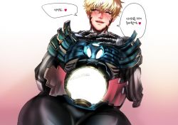 Rule 34 | 1boy, blonde hair, blush, genos, gradient background, looking at viewer, male focus, naughty face, one-punch man, pov, solo, tagme, text focus, undressing, white background, yaoi
