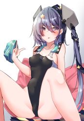 Rule 34 | 1girl, aqua hat, black one-piece swimsuit, black ribbon, breasts, competition swimsuit, feet out of frame, garrison cap, gradient background, grey eyes, grey hair, hair ornament, hair ribbon, hat, highleg, highleg swimsuit, highres, kantai collection, komb, long hair, looking at viewer, one-piece swimsuit, pillow, ribbon, scamp (kancolle), side ponytail, sitting, small breasts, solo, spread legs, star (symbol), star hair ornament, swimsuit, tongue, tongue out, torn clothes, torn swimsuit, unworn hat, unworn headwear, white background