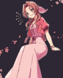 Rule 34 | 1girl, aerith gainsborough, bangle, black background, bracelet, braid, braided ponytail, brown hair, choker, cropped jacket, dress, final fantasy, final fantasy vii, final fantasy vii remake, flower, flower choker, green eyes, grin, hair ribbon, highres, jacket, jewelry, long dress, long hair, looking at viewer, parted bangs, parted lips, pink dress, pink flower, pink ribbon, puffy short sleeves, puffy sleeves, red jacket, ribbon, sana (sanaa653), short sleeves, sidelocks, sitting, smile, solo, teeth, wavy hair