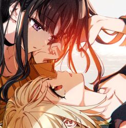 Rule 34 | 2girls, alternate costume, black choker, black hair, blonde hair, choker, collarbone, commentary, english commentary, hand in another&#039;s hair, hand on own chin, inoue takina, long hair, lycoris recoil, lying, multiple girls, nishikigi chisato, on back, open mouth, parted lips, purple eyes, red eyes, short hair, simple background, tiv, upper body, white background, yuri
