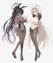 Rule 34 | 2girls, animal ears, asuna (blue archive), asuna (bunny) (blue archive), black hair, blue archive, blue eyes, bow, bowtie, breasts, cleavage, covered erect nipples, dark-skinned female, dark skin, fake animal ears, fishnet pantyhose, fishnets, full body, grin, hair over one eye, halo, heart pasties, high heels, highres, holding, holding tray, kaedeko (kaedelic), karin (blue archive), karin (bunny) (blue archive), large breasts, leotard, light brown hair, long hair, looking at viewer, meme attire, multiple girls, navel, pantyhose, pasties, playboy bunny, ponytail, rabbit ears, reverse bunnysuit, reverse outfit, see-through, see-through leotard, simple background, slit pupils, smile, strapless, strapless leotard, thighband pantyhose, traditional bowtie, translucent bunnysuit, tray, very long hair, wrist cuffs, yellow eyes