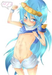 Rule 34 | 1girl, blue eyes, blue hair, flat chest, long hair, navel, nipples, simple background, solo, trom, violinist of hameln, white background
