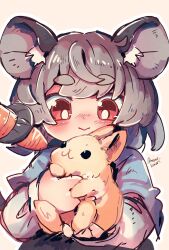 Rule 34 | 1girl, :&gt;, :3, animal, animal ear fluff, animal ears, blue capelet, blush, capelet, carrot, closed mouth, commentary request, grey hair, highres, holding, holding animal, holding with tail, long sleeves, mame komari, medium hair, mouse ears, mouse girl, mouse tail, nazrin, one-hour drawing challenge, partial commentary, prehensile tail, rabbit, red eyes, shirt, smile, solo, tail, touhou, twitter username, upper body, white shirt