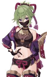 Rule 34 | 1girl, absurdres, bare shoulders, black gloves, black shirt, black shorts, breasts, commentary request, cowboy shot, crop top, etoria, genshin impact, gloves, green hair, hair between eyes, highres, jacket, kuki shinobu, long sleeves, looking at viewer, mask, medium breasts, midriff, mouth mask, navel, off shoulder, open clothes, open jacket, ponytail, purple eyes, purple jacket, shirt, short hair, short shorts, shorts, simple background, sleeveless, sleeveless shirt, solo, standing, stomach, thighs, white background