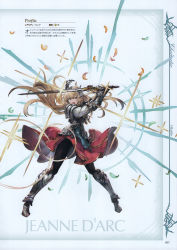 Rule 34 | 1girl, absurdres, armor, armored boots, armored dress, blue eyes, boots, character name, feathers, flower, full body, gauntlets, granblue fantasy, hair flower, hair ornament, highres, holding, holding sword, holding weapon, jeanne d&#039;arc (granblue fantasy), long hair, minaba hideo, official art, open mouth, pantyhose, scan, shoulder armor, simple background, skirt, solo, sparkle, sword, thighhighs, very long hair, weapon
