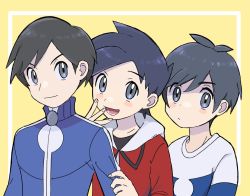 Rule 34 | 3boys, antenna hair, black hair, black shirt, blue jacket, blush stickers, calem (pokemon), closed mouth, commentary request, creatures (company), elio (pokemon), ethan (pokemon), framed, game freak, grey eyes, highres, jacket, looking at viewer, lower teeth only, male focus, multiple boys, nintendo, open mouth, pokemon, pokemon hgss, pokemon sm, pokemon xy, red jacket, sana (37pisana), shirt, short hair, smile, t-shirt, teeth, tongue, turtleneck, turtleneck jacket, upper body, yellow background, zipper pull tab