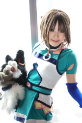 Rule 34 | 1girl, asian, blue gloves, branky, breasts, brown eyes, brown hair, cosplay, elbow gloves, gensou suikoden, gloves, highres, kipi-san, looking at viewer, mel, mel (cosplay), mole, photo (medium), puppet, short hair, small breasts, smile, stuffed animal, stuffed toy