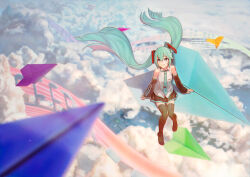 Rule 34 | 1girl, aqua hair, aqua necktie, bare shoulders, bird, black footwear, black skirt, black sleeves, blue eyes, boots, cloud, cloudy sky, collared shirt, commentary request, detached sleeves, from above, full body, hair between eyes, hair ornament, hatsune miku, headset, highres, long hair, musical note, necktie, paper airplane, parted lips, project sekai, shirt, shoulder tattoo, sitting, skirt, sky, sleeveless, sleeveless shirt, smile, solo, tattoo, thigh boots, thighhighs, turu, twintails, very long hair, vocaloid, white shirt, wide sleeves, zettai ryouiki