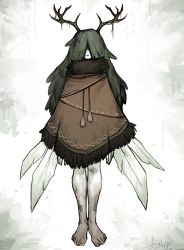 Rule 34 | :|, absurdres, antlers, barefoot, closed mouth, colored skin, dirty, fringe trim, fur collar, green hair, hair over eyes, hair over face, highres, horns, insect wings, long hair, matilda fiship, mistletoe, monster girl, original, poncho, simple background, tassel, white skin, wings
