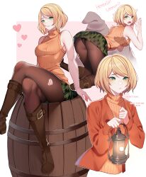 Rule 34 | 1girl, absurdres, adapted costume, ashley graham, barrel, black panties, blazer, blonde hair, bob cut, boots, breasts, brown footwear, brown pantyhose, commentary, english commentary, english text, green eyes, green skirt, heart, highres, jacket, medium breasts, noodychaan, open clothes, open jacket, orange jacket, orange sweater, panties, pantyhose, plaid, plaid skirt, resident evil, resident evil 4, resident evil 4 (remake), short hair, sitting, skirt, sleeveless, sleeveless turtleneck, sweater, swept bangs, torn clothes, torn pantyhose, turtleneck, underwear