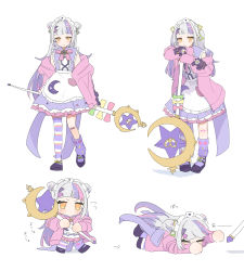 Rule 34 | 1girl, absurdres, apron, asymmetrical legwear, bandaid, bandaid on knee, bandaid on leg, bow, bowtie, check translation, chibi, closed mouth, commentary request, crescent moon, dress, fallen down, flying sweatdrops, grey hair, highres, holding, holding staff, hololive, jacket, leg warmers, long hair, long sleeves, looking at viewer, lying, maid headdress, mary janes, moon, multicolored hair, multiple views, murasaki shion, murasaki shion (magical girl maid), off shoulder, oisiimizu, on stomach, orange eyes, pink bow, pink bowtie, pink hair, pink jacket, purple dress, purple footwear, purple hair, purple thighhighs, shoes, simple background, single thighhigh, sleeveless, sleeveless dress, sleeves past wrists, sound effects, staff, star (symbol), streaked hair, striped clothes, striped thighhighs, thighhighs, translated, translation request, virtual youtuber, white apron, white background