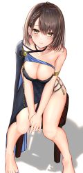 Rule 34 | 1girl, absurdres, ahoge, armlet, azur lane, baltimore (azur lane), baltimore (evening breeze minuet) (azur lane), barefoot, black dress, blue cape, blush, braid, breasts, brown hair, cape, choker, cleavage, dress, efuri (riarea00), evening gown, hair between eyes, highres, holding, large breasts, looking at viewer, own hands together, short hair, side slit, single bare shoulder, sitting, smile, solo, yellow eyes
