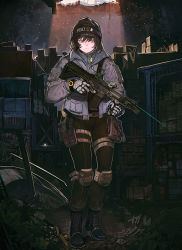 Rule 34 | 1girl, assault rifle, black footwear, black hair, black hat, boots, brown pants, commentary request, english text, facing viewer, full body, gloves, green eyes, grey gloves, grey jacket, gun, hair between eyes, hat, highres, holding, holding gun, holding weapon, jacket, knee pads, laser, laser pointer, long sleeves, looking at viewer, military, original, panda8581, pants, parted lips, partial commentary, pocket, police, police uniform, policewoman, pouch, rifle, scope, short hair, solo, standing, thigh strap, trigger discipline, two-tone gloves, uniform, watch, weapon, wristwatch