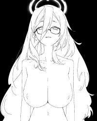 Rule 34 | 1girl, akane (blue archive), arms at sides, blue archive, breasts, glasses, greyscale, hair between eyes, halo, highres, kawatiw, large breasts, long hair, looking at viewer, monochrome, nipples, nude, parted lips, simple background, sketch, solo, upper body, very long hair