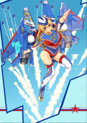 Rule 34 | 1girl, aircraft, airplane, airplane wing, blonde hair, blue eyes, garrison cap, hat, highres, jet, long hair, mecha musume, military, military vehicle, missile, original, personification, propeller, smile, solo, thighhighs, toeless legwear, z.s.w.