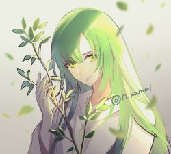 Rule 34 | 1other, ambiguous gender, androgynous, closed mouth, commentary request, enkidu (fate), fate/extra, fate/extra ccc, fate/grand order, fate/strange fake, fate/zero, fate (series), gradient background, green eyes, green hair, holding, holding stick, kamui natsuki, leaf, light green hair, long hair, long sleeves, looking at viewer, robe, smile, stick, toga, twitter username, upper body, very long hair, white robe