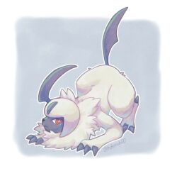 Rule 34 | absol, border, bright pupils, claws, closed mouth, commentary request, creatures (company), frown, full body, game freak, gen 3 pokemon, nintendo, no humans, pokemon, pokemon (creature), red eyes, s (happycolor 329), solo, top-down bottom-up, twitter username, watermark, white border, white fur, white pupils