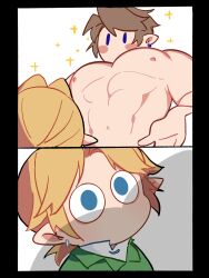 Rule 34 | 0 0, 2boys, arashi (arashi999uxu), awestruck, blonde hair, boob shadow (meme), boob shadow (sibi2028), character request, chibi, from below, highres, huge pectorals, large pectorals, link, meme, multiple boys, muscle awe, muscular, muscular male, nintendo, outstretched hand, pectorals, sequential, short hair, solid oval eyes, sparkling aura, the legend of zelda, upper body, x navel, yaoi