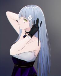 Rule 34 | 1girl, bad id, bad pixiv id, bare shoulders, black gloves, blue hair, chilli 646, closed mouth, dress, girls&#039; frontline, gloves, green eyes, hand in own hair, highres, hk416 (girls&#039; frontline), hk416 (starry cocoon) (girls&#039; frontline), jewelry, long hair, looking at viewer, necklace, official alternate costume, simple background, smile, solo