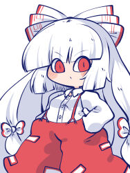 Rule 34 | 1girl, baggy pants, blunt bangs, blunt ends, blush, bow, buttons, chahan (fried rice0614), chibi, collar, collared shirt, cowboy shot, expressionless, fujiwara no mokou, hair bow, hands in pockets, highres, long hair, long sleeves, looking at viewer, ofuda, ofuda on clothes, pants, red bow, red eyes, red pants, red suspenders, shirt, simple background, solo, suspenders, touhou, two-tone bow, very long hair, white background, white bow, white collar, white hair, white shirt