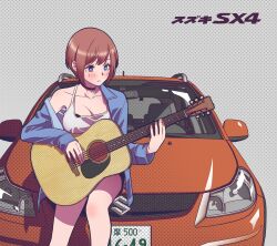 Rule 34 | 1girl, acoustic guitar, andrian januar adilia, black choker, blue eyes, blue jacket, blush, breasts, brown hair, camisole, car, choker, cleavage, collarbone, guitar, highres, holding, holding instrument, indonesian commentary, instrument, jacket, large breasts, long sleeves, motor vehicle, original, parted lips, single bare shoulder, sitting on car, solo, suzuki sx4, upper body, white camisole