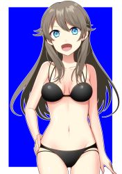 Rule 34 | 1girl, :d, absurdres, bare shoulders, bikini, black bikini, blue background, blue eyes, border, breasts, brown hair, cleavage, collarbone, creatures (company), day, game freak, green (pokemon), hand on own hip, highres, long hair, looking at viewer, medium breasts, navel, nintendo, open mouth, outside border, pokemon, pokemon adventures, shiny skin, simple background, sky, smile, solo, standing, swimsuit, thigh gap, white background, white border, yuihico