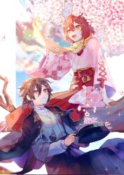 Rule 34 | 2boys, a pearhei, black hair, branch, cherry blossoms, commentary, commission, earrings, english commentary, falling petals, flower, hair between eyes, hair flower, hair ornament, hanasaki miyabi, happy, hat, highres, holding, holostars, in tree, japanese clothes, jewelry, kanade izuru, light rays, looking at another, looking up, male focus, military hat, multiple boys, open mouth, petals, purple eyes, red hair, red ribbon, ribbon, scarf, short hair, sitting, sitting in tree, smile, sparkle, tree, virtual youtuber, yellow eyes, yellow scarf