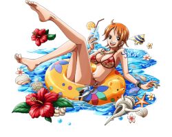 Rule 34 | 1girl, :d, ahoge, barefoot, bikini, bodskih, breasts, brown eyes, brown hair, cleavage, earrings, innertube, jewelry, large breasts, nami (one piece), navel, one piece, one piece treasure cruise, open mouth, short hair, smile, solo, swim ring, swimsuit, transparent background