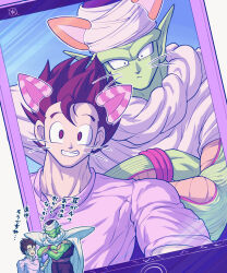 Rule 34 | 2boys, animal ears, biceps, black eyes, black hair, cape, cellphone, closed eyes, colored skin, commentary request, crossed arms, dougi, dragon ball, dragon ball super, drawn ears, drawn whiskers, face filter, frown, green skin, grin, highres, holding, holding phone, koukyouji, long sleeves, looking at viewer, male focus, multiple boys, namekian, nervous smile, open mouth, phone, piccolo, purple sash, purple shirt, sash, selfie, shirt, short hair, shoulder pads, sleeves rolled up, smartphone, smile, son gohan, spiked hair, sweatdrop, teeth, translation request, turban, whiskers, white cape