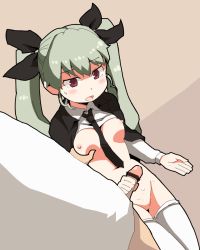 Rule 34 | 10s, 1boy, 1girl, alternate legwear, anchovy (girls und panzer), bar censor, beige background, black necktie, blush, bow, grabbing another&#039;s breast, brown eyes, censored, clothes lift, cum, cum on body, cum on lower body, dokan (dkn), girls und panzer, grabbing, hair bow, handjob, head out of frame, hetero, legs together, masturbation, navel, necktie, no panties, open mouth, penis, shirt lift, silver hair, simple background, solo focus, thighhighs, twintails, white thighhighs