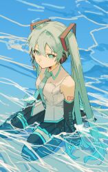 Rule 34 | 1girl, black skirt, black thighhighs, blue eyes, blue hair, boots, closed mouth, collared shirt, commentary, detached sleeves, hair ornament, hatsune miku, headphones, highres, kurattes, long hair, long sleeves, looking at viewer, microphone, miku day, necktie, outdoors, partially submerged, pleated skirt, shirt, sitting, skirt, solo, thighhighs, twintails, vocaloid, water