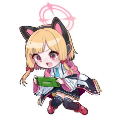 Rule 34 | 1girl, animal ear headphones, animal ears, b.t. (boob tong), black thighhighs, blonde hair, blue archive, blue necktie, blush, bow, cat ear headphones, chibi, controller, fake animal ears, full body, game controller, hair bow, halo, handheld game console, headphones, holding, holding handheld game console, jacket, momoi (blue archive), multicolored clothes, multicolored jacket, necktie, open mouth, red bow, red eyes, red footwear, short hair, simple background, solo, thighhighs, white background, zettai ryouiki