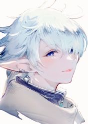 Rule 34 | 1girl, alisaie leveilleur, blue eyes, close-up, commentary, earclip, earrings, elezen, elf, elmiexiv, final fantasy, final fantasy xiv, from side, hair over one eye, jewelry, looking at viewer, pointy ears, portrait, short hair, signature, simple background, smile, solo, twitter username, white background, white hair