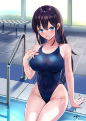 Rule 34 | 1girl, black hair, blue eyes, blue one-piece swimsuit, breasts, collarbone, covered navel, highleg, highleg swimsuit, highres, indoors, large breasts, long hair, may9, one-piece swimsuit, original, pool, school swimsuit, sitting, smile, soaking feet, solo, swimsuit