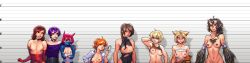 Rule 34 | 6+girls, absurdres, ahoge, animal ears, bare shoulders, blackmyst, blonde hair, blue eyes, blush, braid, breasts, breasts out, brown eyes, brown hair, bust chart, elementrexx, fang, flat chest, fox ears, green eyes, highres, long hair, looking at viewer, multiple girls, navel, nipple piercing, nipples, nude, open clothes, parted lips, piercing, pointy ears, purple eyes, purple hair, red hair, short hair, small breasts, smile, standing, tears