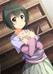 Rule 34 | 10s, 1girl, 7zu7, ahoge, black hair, blush, book, hugging book, bookshelf, bow, brown eyes, cowboy shot, crossed arms, dutch angle, flat chest, holding, holding book, idolmaster, idolmaster cinderella girls, jewelry, kohinata miho, layered sleeves, light smile, long sleeves, looking at viewer, necklace, hugging object, pleated skirt, shirt, short hair, short over long sleeves, short sleeves, skirt, smile, solo, striped