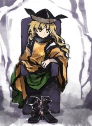 Rule 34 | 1girl, black footwear, black hat, black trim, blonde hair, boots, closed mouth, commentary request, detached sleeves, flat chest, green skirt, hat, kaigen 1025, long hair, long sleeves, matara okina, orange sleeves, orange tabard, shirt, skirt, solo, tabard, touhou, unworn boots, white shirt, wide sleeves, yellow eyes