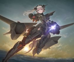 Rule 34 | &gt;:(, 1girl, ace combat, ace combat 7: skies unknown, arclight (ace combat), blue eyes, cannon, electricity, electromagnetic launcher, energy, glowing, highres, holding, holding weapon, looking at viewer, magnetic weapon, mecha musume, mechanical arms, mechanical tail, personification, railgun, scenery, side ponytail, single mechanical arm, solo, tail, tom-neko (zamudo akiyuki), weapon, white hair, x-02s strike wyvern